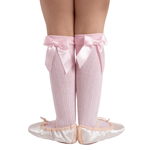 Pink Knee High Bow Socks perfect for ballet and dance classes with babyballet